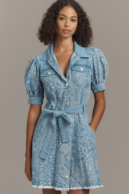 En Saison Tarak Puff-sleeve Denim Mini Shirt Dress In Blue