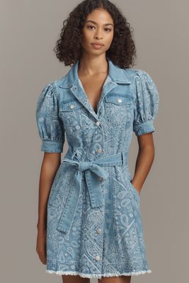 En Saison Tarak Puff-Sleeve Denim Mini Shirt Dress
