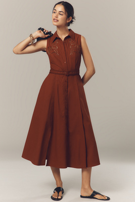 En Saison Megumi Linen Blend Sleeveless Midi Shirt Dress In Brown