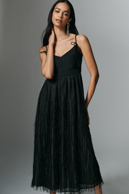 En Saison Roza A-line Fringe Midi Dress In Black