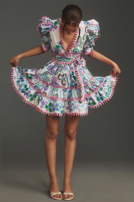 Celia B Hayley Puff-sleeve V-neck Mini Dress In Multi