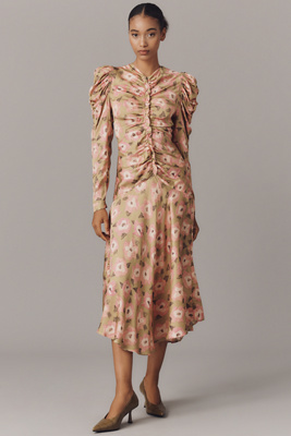 Celiab Hikari Long-sleeve Ruched Midi Dress In Gold