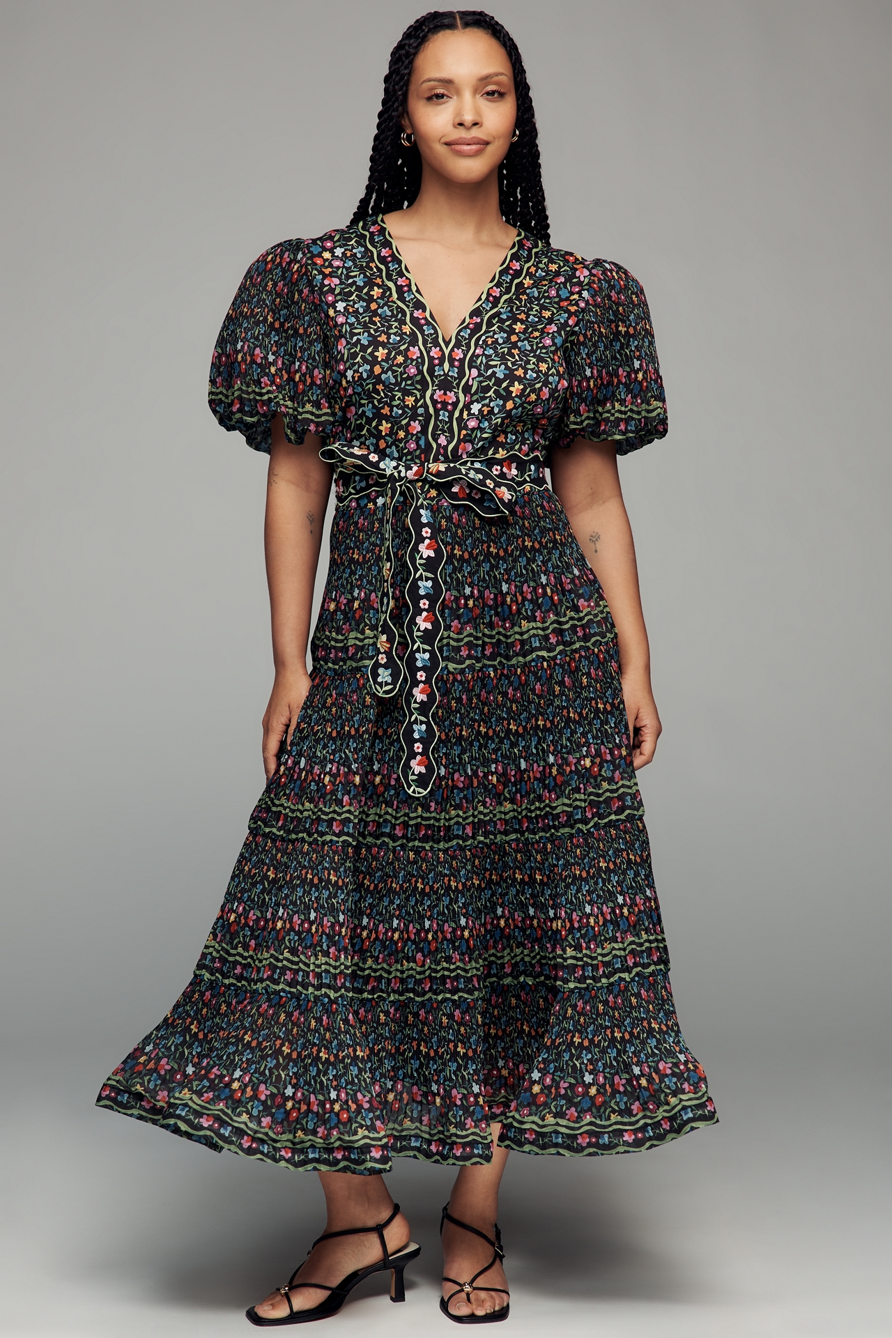 CeliaB Celestia Puff-Sleeve V-Neck Midi Dress