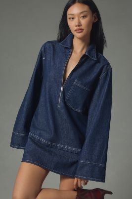 Pilcro Long-sleeve Half-zip Denim Shift Mini Dress In Blue