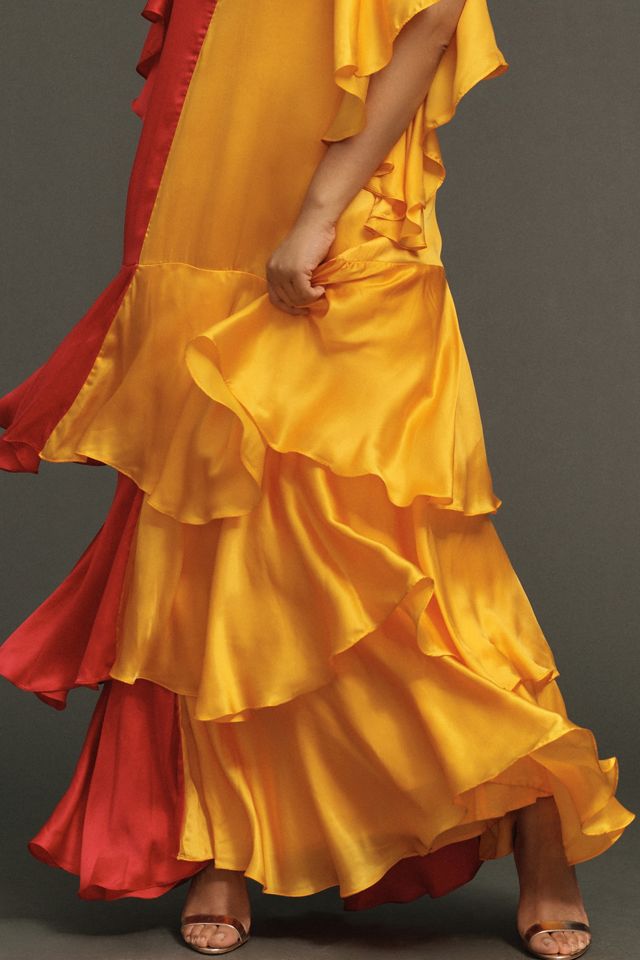 Pinnacle by Shruti Sancheti Mock-Neck Colorblock Ruffle Dress #6