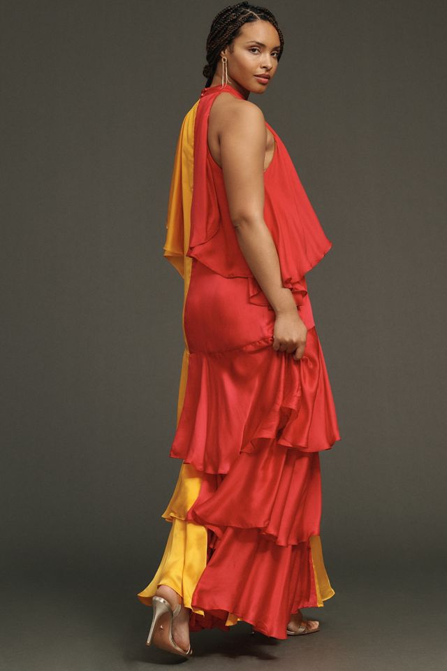 Pinnacle by Shruti Sancheti Mock-Neck Colorblock Ruffle Dress #7