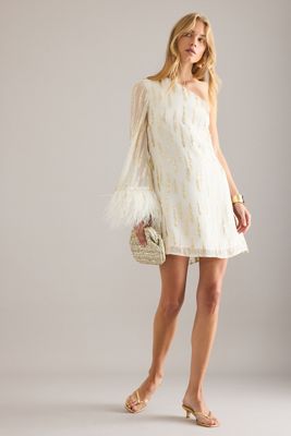 By Anthropologie One-Shoulder Feather-Trim Mini Dress