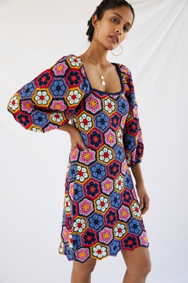 マメクロゴウチFloral Pattern Knitted Mini Dress Mishima Karatsu