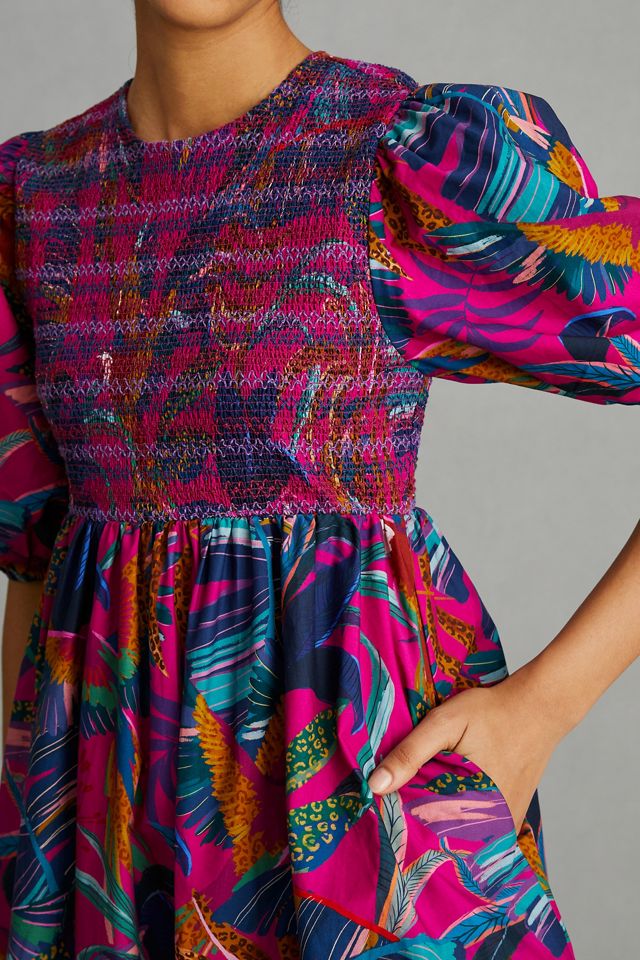farm rio smocked midi dress Smocked printed cotton-poplin midi dress - magenta