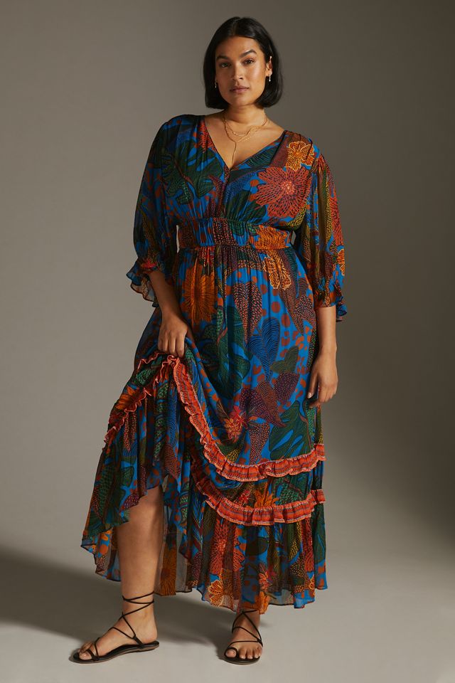 farm rio puff sleeve maxi dress Farm Rio Fresh Macaws Puff-Sleeve Maxi Dress Orange M $290 NWT Anthropologie