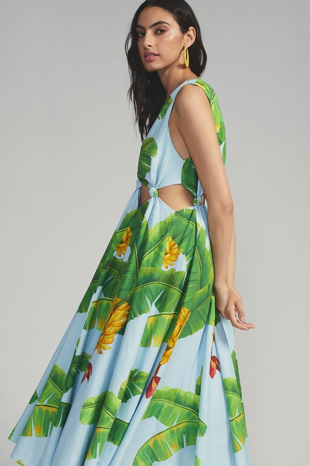 chinese dress ladies Multicolor Banana Foliage Puff Sleeve Midi Dress – FARM Rio main image 0