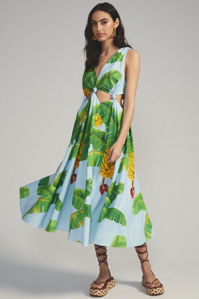 knee length dresses for ladies Multicolor Banana Foliage Puff Sleeve Midi Dress – FARM Rio