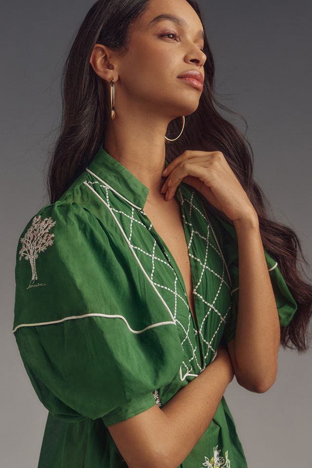 green embroidered trees organic cotton midi dress Olive Green Warm Cotton Waffle Fit and Flare Maxi Dress 32