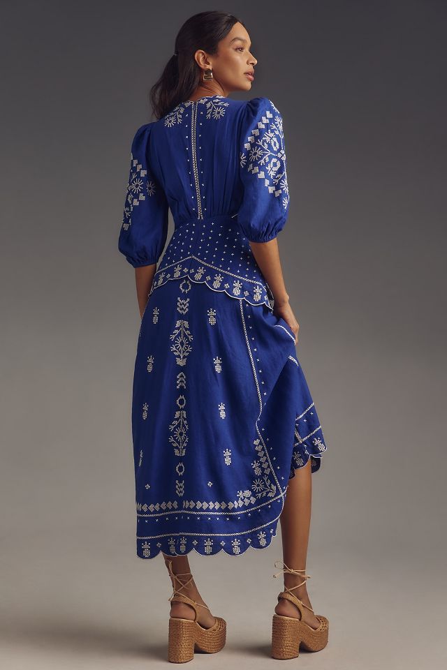 Farm Rio Embroidered Puff-Sleeve Cutout Midi Dress | Anthropologie