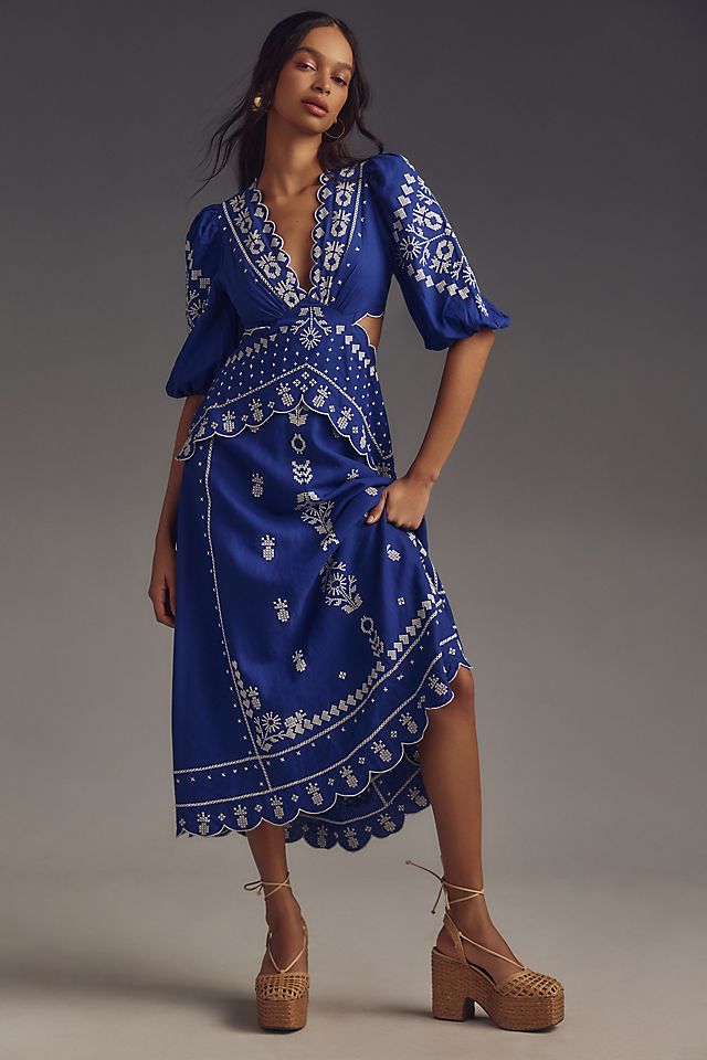 embroidered dress blue Gown with Velvet Hand Torso and Banarasi Jacquard Ham Delicate white embroidery along the neckline and hem adds a touch of coastal charm with just the right amount of detail Wynter Embroidered Chambray Dress -