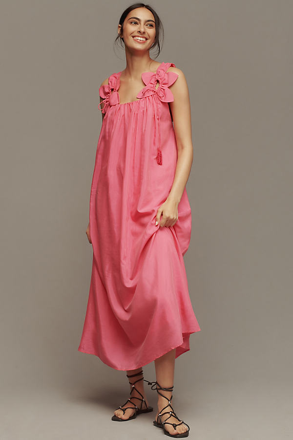 Shop Farm Rio Sleeveless Floral Straps Midi Dress In Pink