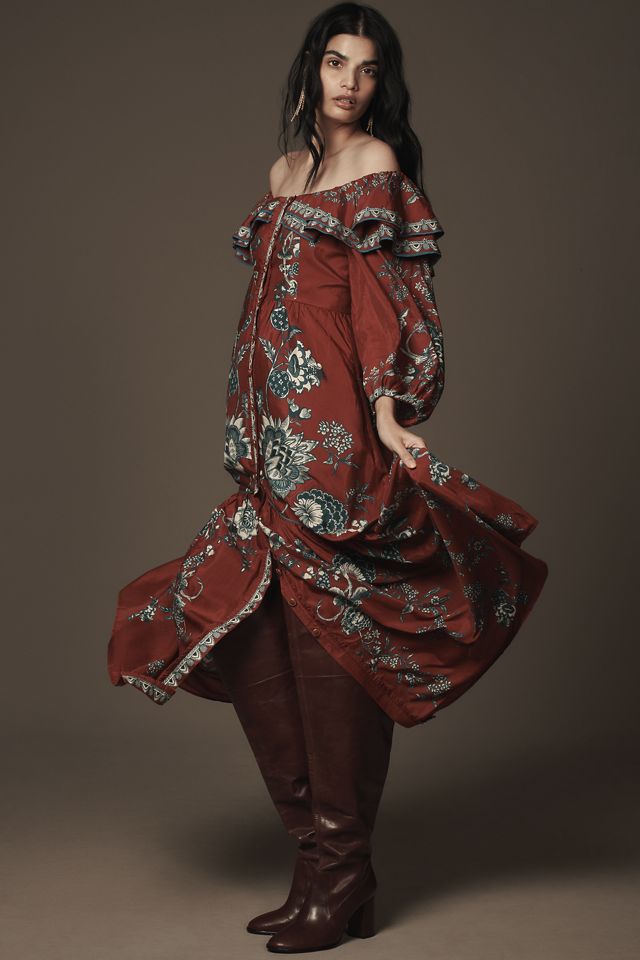 Farm Rio Long-Sleeve Off-The-Shoulder Ruffled Maxi Dress #2