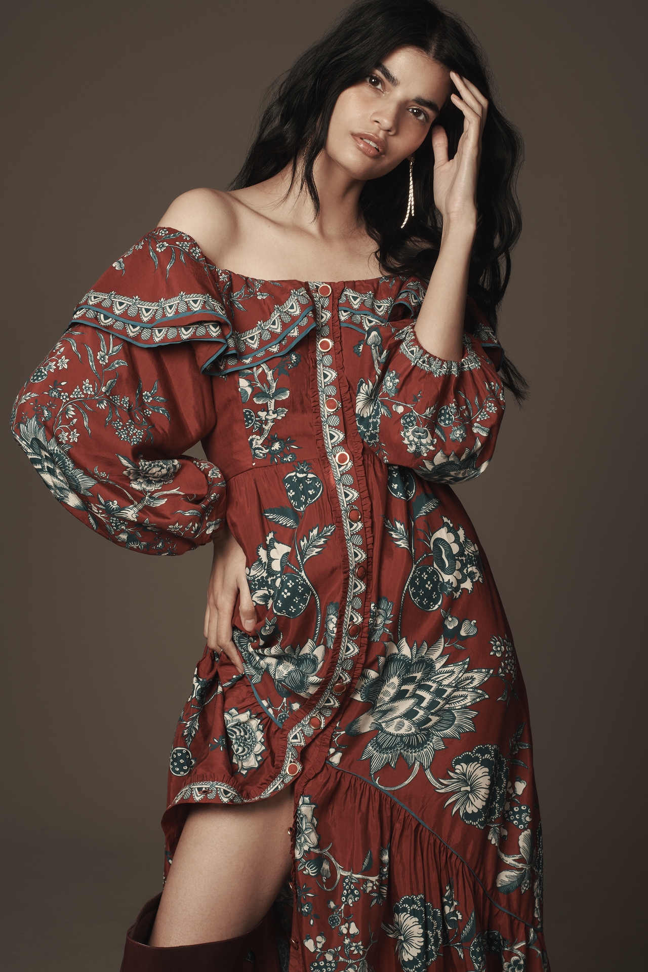 Farm Rio Long-Sleeve Off-The-Shoulder Ruffled Maxi Dress