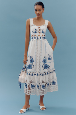 Farm Rio Cross-stitch Richelieu Linen Dress In White
