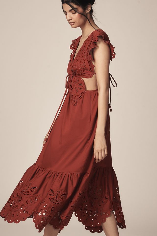 Farm Rio Red Butterfly Flutter-Sleeve Midi Dress #3