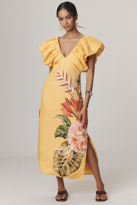 Farm Rio V-Neck Linen Midi Dress