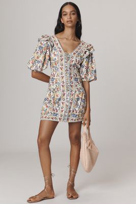 Farm Rio Greek Garden Linen Blend Short-Sleeve V-Neck Mini Dress