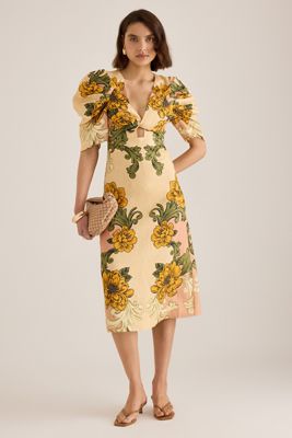 Vestido Midi de Lino con Flores Delicadas de Farm Rio