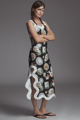 Farm Rio Linen Sleeveless Scallop-Trim Slim Midi Dress