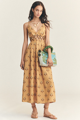 Farm Rio Printed Linen Blend V-neck Cutout A-line Midi Dress In Brown