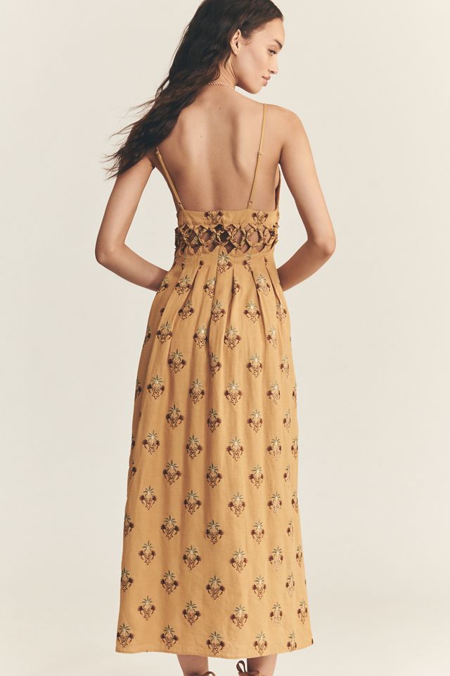 Farm Rio Printed Linen Blend V-Neck Cutout A-Line Midi Dress | Anthropologie
