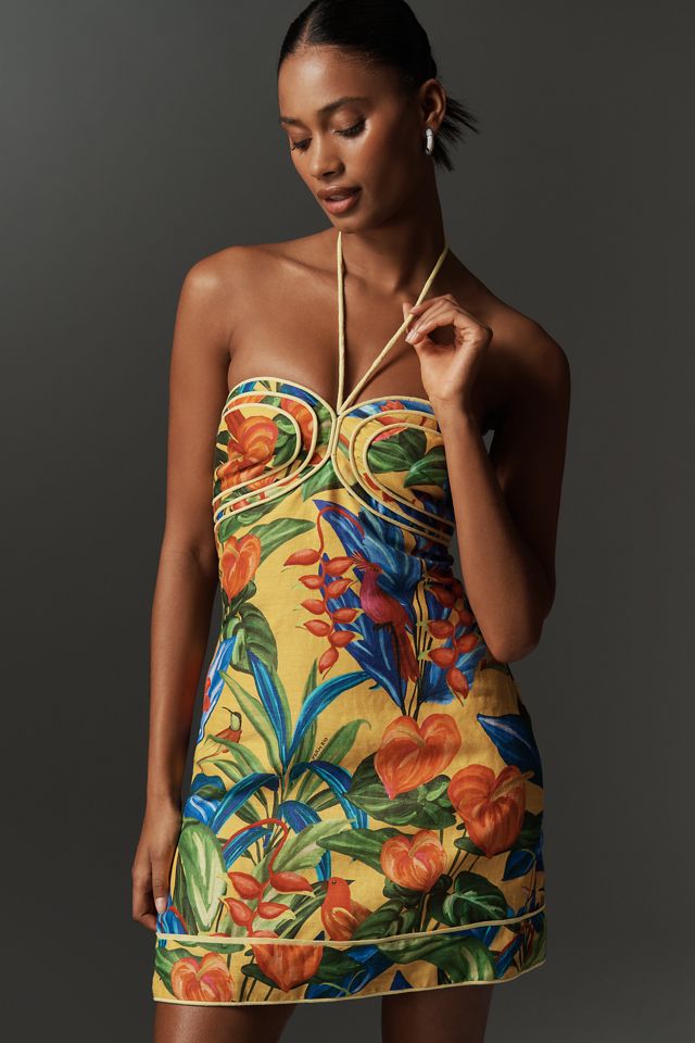 Farm Rio Bright Nature Linen Halter Mini Dress
