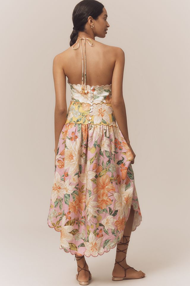Farm Rio Linen Halter Drop-Waist Midi Dress
