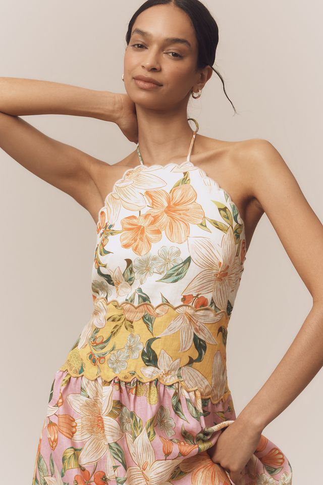 Farm Rio Linen Halter Drop-Waist Midi Dress