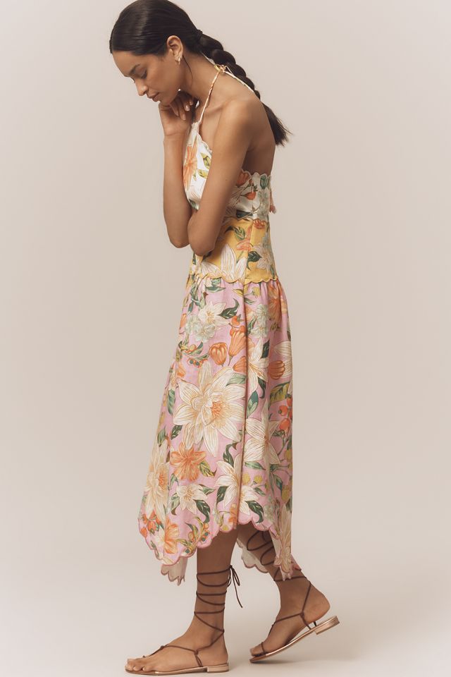 Farm Rio Linen Halter Drop-Waist Midi Dress