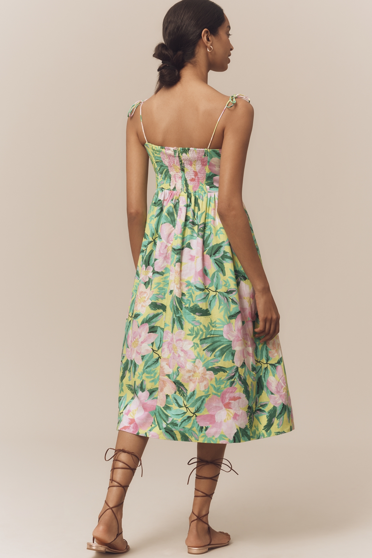Farm Rio Linen Blend Tie-Strap Sweetheart Babydoll Midi Dress