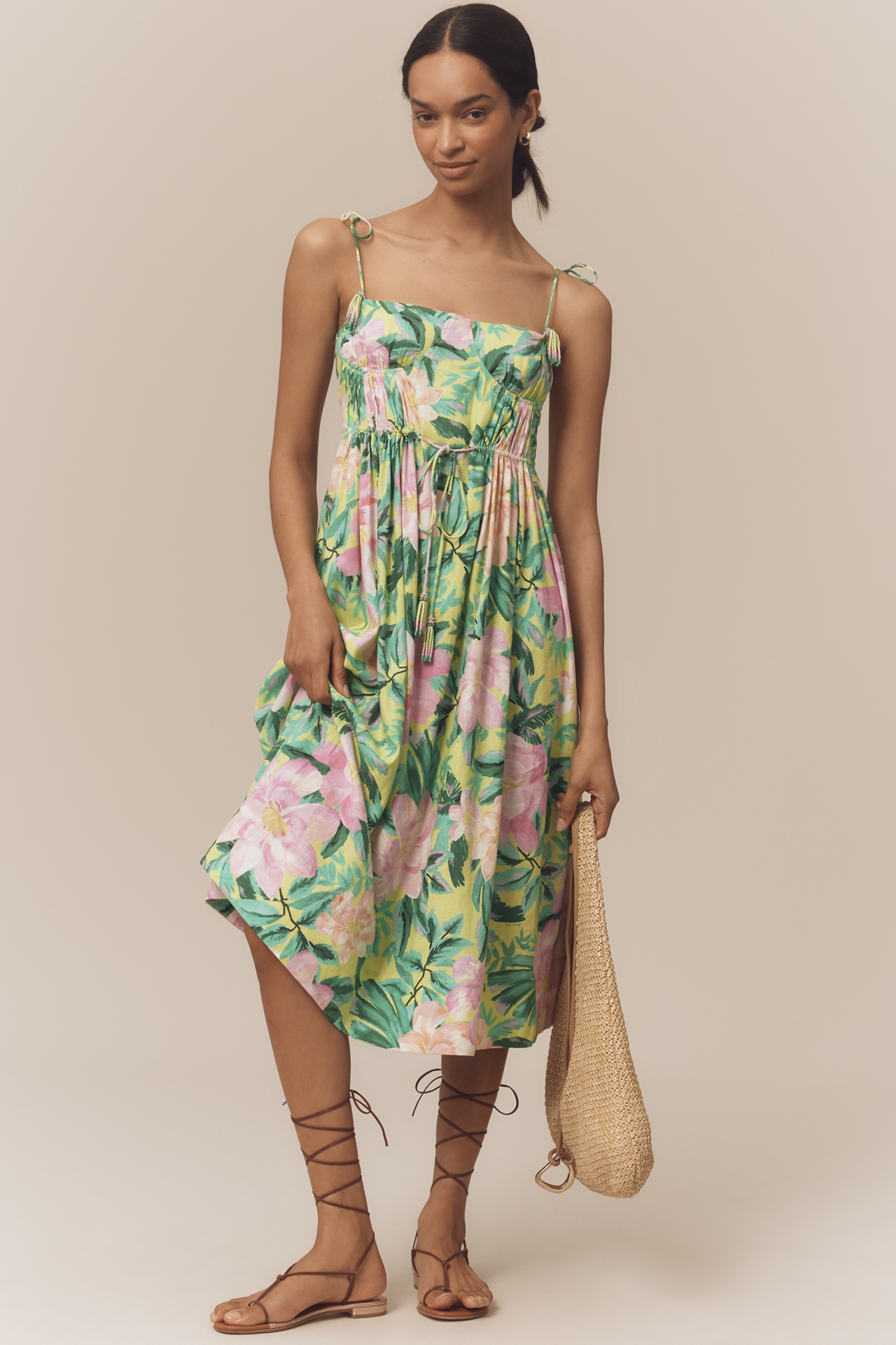Farm Rio Linen Blend Tie-Strap Sweetheart Babydoll Midi Dress