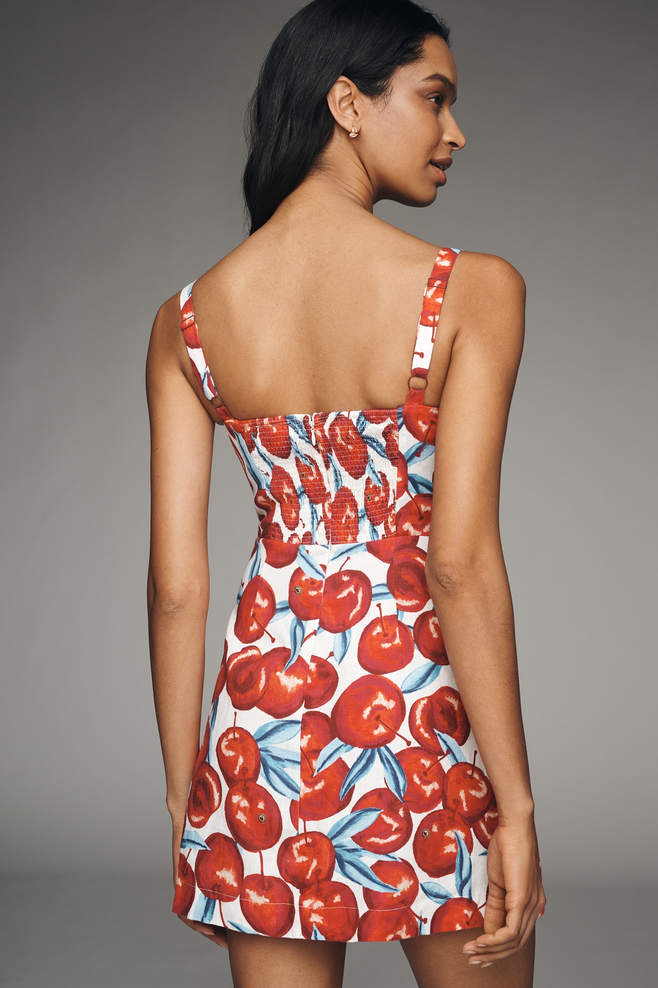 Farm Rio Cherry Linen Square-Neck Mini Dress