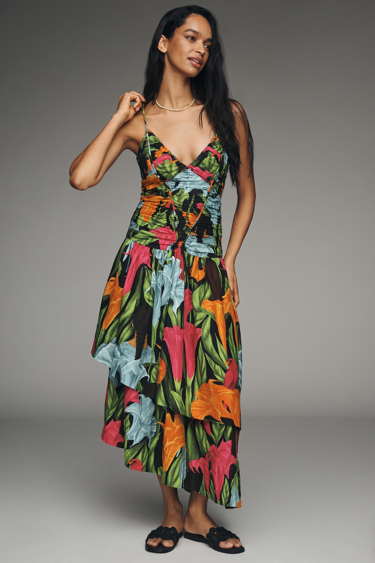 Farm Rio V-Neck A-Line Linen Midi Dress