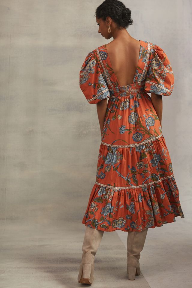 Puff-Sleeved Tiered Midi Dress #2