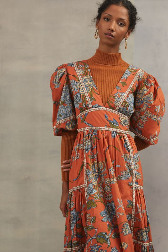 Puff-Sleeved Tiered Midi Dress #3