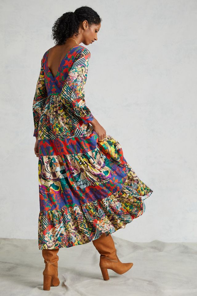 【美品】6枚セット Anthropologie Fleur De Lys Me 2 Magic Maxi Dress Women S Brown Multi Floral Long Sleeve