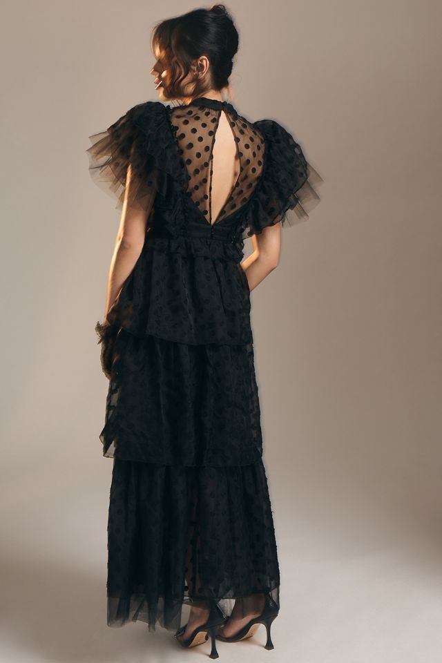 Hunter Bell Annabel Tiered Mock-Neck Ruffle-Sleeve Gown #1
