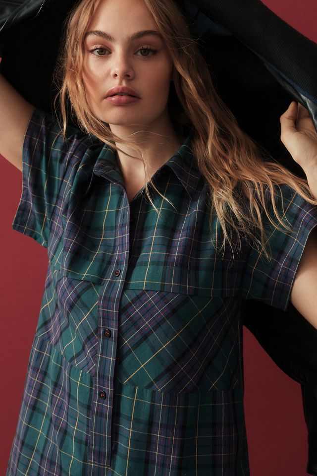 Hunter Bell Cap-Sleeve Plaid Shirt Dress #1