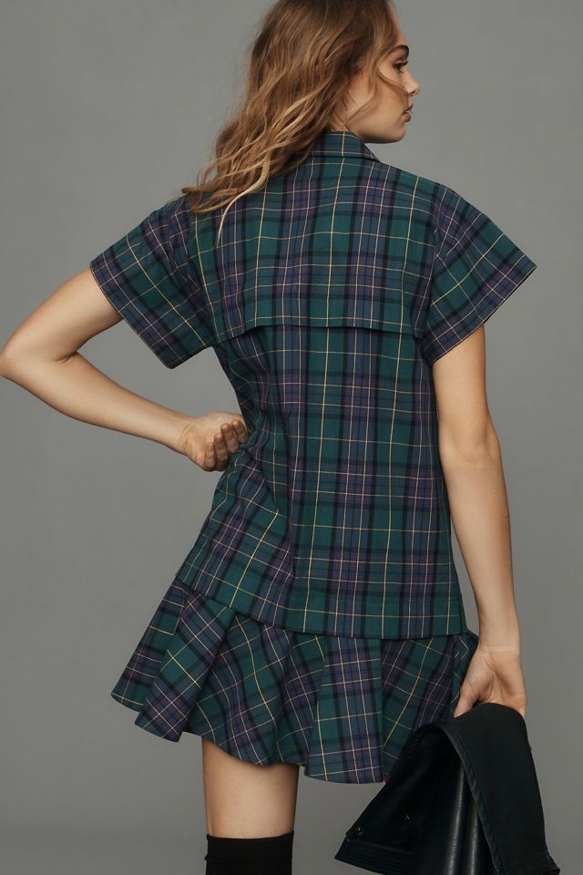 Hunter Bell Cap-Sleeve Plaid Shirt Dress #2