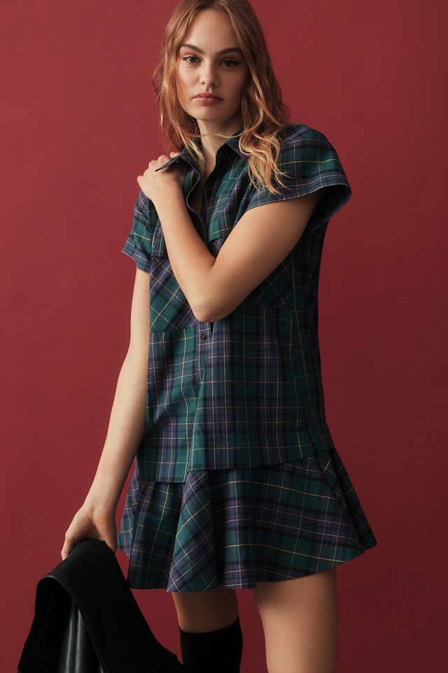 Hunter Bell Cap-Sleeve Plaid Shirt Dress #3