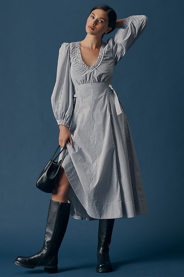 a line midi dress with sleeves Half Sleeve Gathered A-Line Length Wedding Guest Dresses This fit and flare brown winter wool dress (5360) is designed to provide a flattering and comfortable fit Hunter Bell Vera Long-Sleeve V-Neck