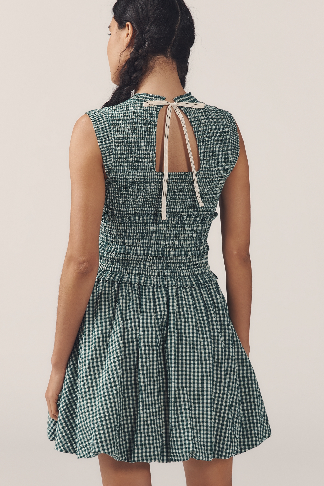 Hunter Bell Anita Gingham Smocked Bubble-Hem Mini Dress