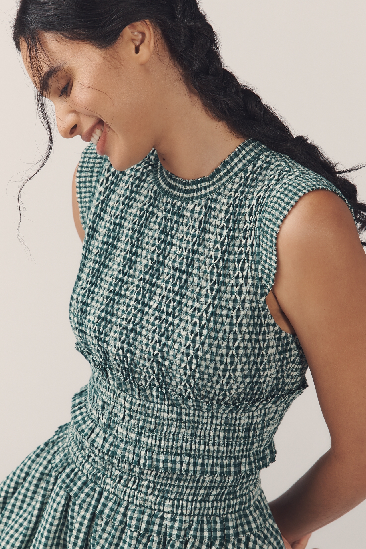 Hunter Bell Anita Gingham Smocked Bubble-Hem Mini Dress