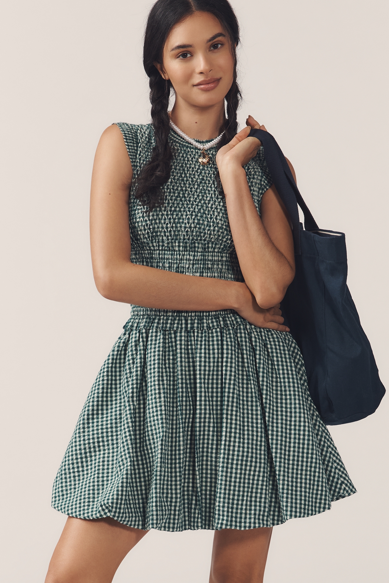 Hunter Bell Anita Gingham Smocked Bubble-Hem Mini Dress