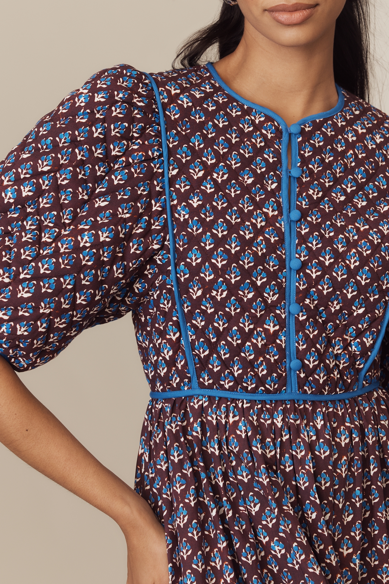 Hunter Bell Brenner Quilted Puff-Sleeve Midi Dress